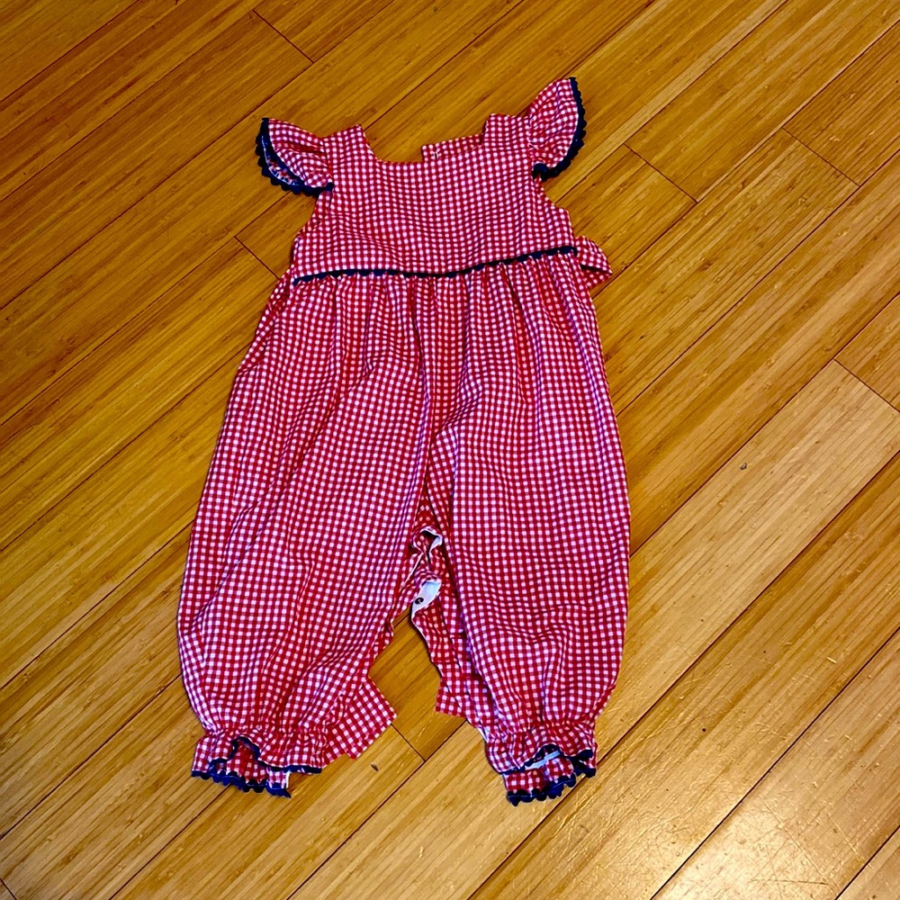 Beautiful red gingham with blue trim bodysuit.  Size 12 months.